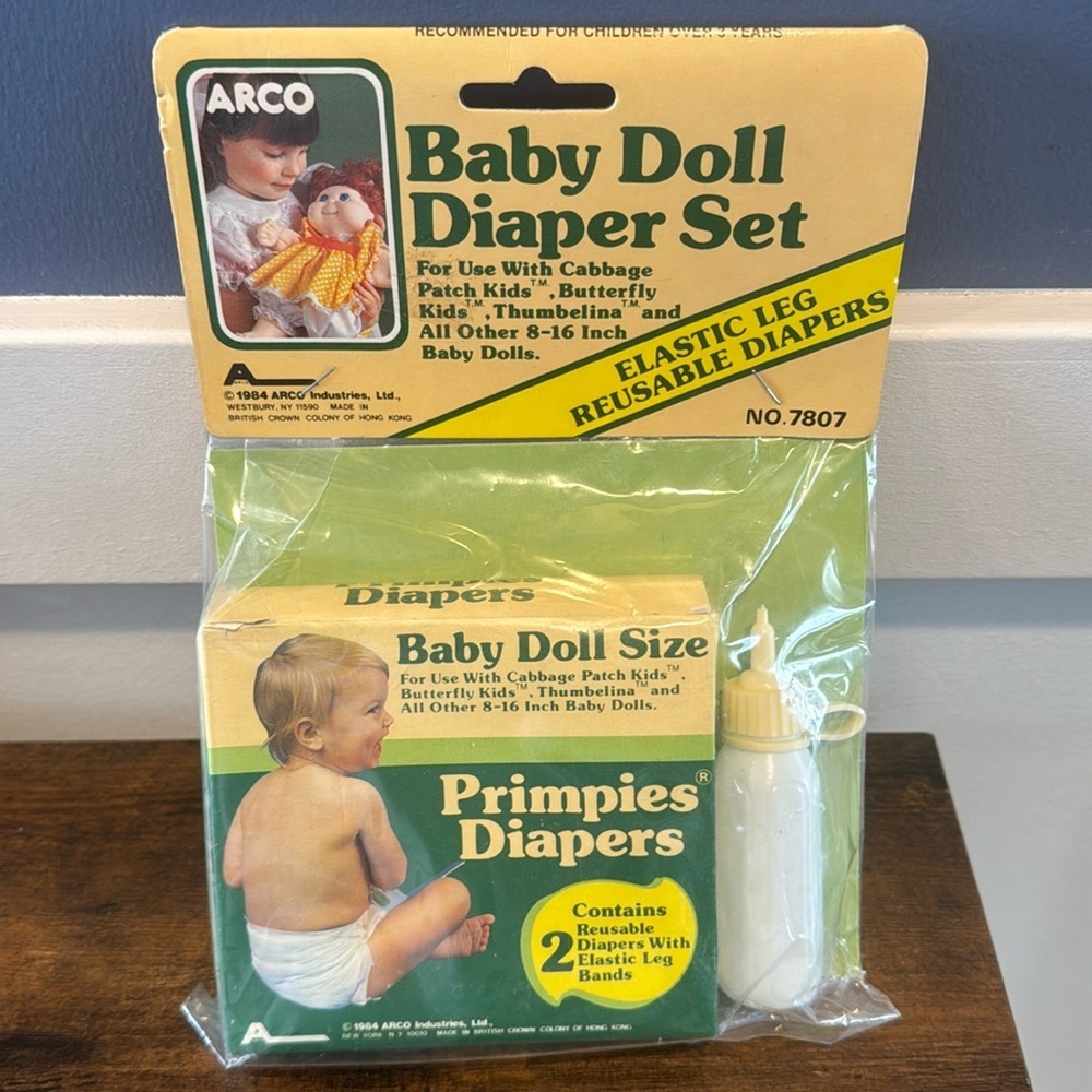 Vtg 1984 ARCO TOYS BABY DOLL DIAPERS SET FOR CABBAGE PATCH DOLLS NOS 7807 Bottle